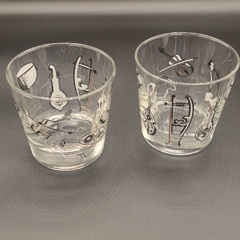 MCM Libbey Musical Instrument Rocks Glass Set of 2- Black, White w/ Gold Gilding